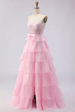 Pink Strapless Tiered A Line Corset Beaded Long Ball Dress with Slit