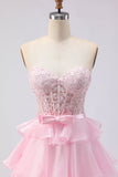 Pink Strapless Tiered A Line Corset Beaded Long Ball Dress with Slit