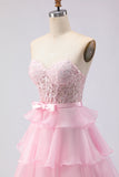 Pink Strapless Tiered A Line Corset Beaded Long Ball Dress with Slit