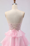 Pink Strapless Tiered A Line Corset Beaded Long Ball Dress with Slit