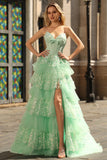 Green A Line Corset Sweetheart Tiered Ruffled Long Prom Dress with Sequins