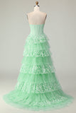 Green A Line Corset Sweetheart Tiered Ruffled Long Prom Dress with Sequins