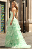 Green A Line Corset Sweetheart Tiered Ruffled Long Prom Dress with Sequins