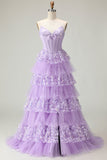 Purple Sweetheart A Line Corset Tiered Ruffle Long Prom Dress with Sequins