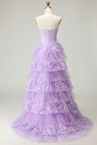 Purple Sweetheart A Line Corset Tiered Ruffle Long Prom Dress with Sequins