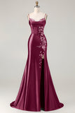Burgundy Mermaid Beaded Embroidered Plus Size Long Prom Dress with Slit