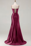 Burgundy Mermaid Beaded Embroidered Plus Size Long Prom Dress with Slit