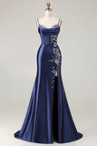 Navy Mermaid Beaded Corset Embroidered Long Ball Dress with Slit
