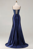 Navy Mermaid Beaded Corset Embroidered Long Ball Dress with Slit