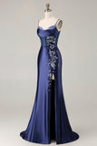 Navy Mermaid Beaded Corset Embroidered Long Ball Dress with Slit