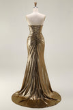 Metallic Dark Golden Mermaid Strapless Cut Out Long Ball Dress with Slit