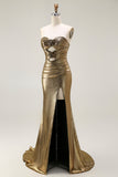 Metallic Dark Golden Mermaid Strapless Cut Out Long Ball Dress with Slit