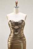 Metallic Dark Golden Mermaid Strapless Cut Out Long Ball Dress with Slit