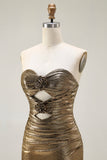 Metallic Dark Golden Mermaid Strapless Cut Out Long Ball Dress with Slit