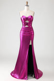 Metallic Fuchsia Mermaid Strapless Cut Out 3D Flowers Long Prom Dress with Slit