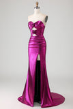 Metallic Fuchsia Mermaid Strapless Cut Out 3D Flowers Long Prom Dress with Slit