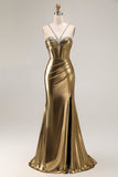 Metallic Golden Beaded Mermaid Corset Long Ball Dress With Slit