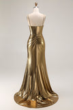 Metallic Golden Beaded Mermaid Corset Long Ball Dress With Slit