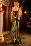 Metallic Golden Beaded Mermaid Corset Long Ball Dress With Slit