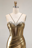 Metallic Golden Beaded Corset Mermaid Long Prom Dress With Slit