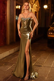 Metallic Golden Beaded Mermaid Corset Long Ball Dress With Slit