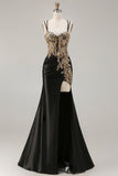 Black Mermaid Beaded Embroidered Satin Sequin Long Ball Dress with Slit