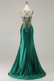 Dark Green Mermaid Sequins Beaded Plus Size Long Prom Dress with Slit