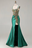 Dark Green Mermaid Sequins Beaded Plus Size Long Prom Dress with Slit