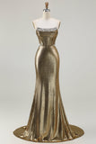 Metallic Dark Golden Beaded Corset Strapless Long Ball Dress
