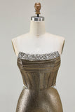 Metallic Dark Golden Beaded Corset Strapless Long Ball Dress