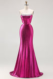 Metallic Fuchsia Mermaid Beaded Corset Strapless Long Ball Dress
