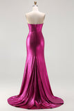 Metallic Fuchsia Mermaid Beaded Corset Strapless Long Ball Dress