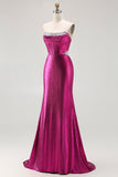 Metallic Fuchsia Mermaid Beaded Corset Strapless Long Ball Dress