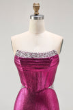 Metallic Fuchsia Mermaid Beaded Corset Strapless Long Ball Dress
