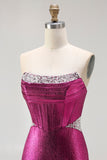 Metallic Fuchsia Mermaid Beaded Corset Strapless Long Ball Dress