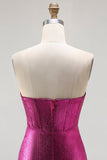 Metallic Fuchsia Mermaid Beaded Corset Strapless Long Ball Dress