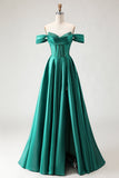 Off The Shoulder Dark Green Beaded A Line Corset Long Ball Dress with Slit