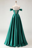 Off The Shoulder Dark Green Beaded A Line Corset Long Ball Dress with Slit