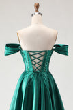 Off The Shoulder Dark Green Beaded A Line Corset Long Ball Dress with Slit