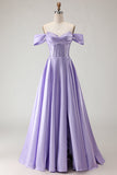 Off The Shoulder Beaded A Line Purple Corset Long Ball Dress with Slit