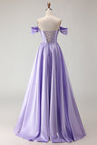 Off The Shoulder Beaded A Line Purple Corset Long Ball Dress with Slit