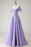 Off The Shoulder Beaded A Line Purple Corset Long Ball Dress with Slit