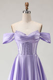 Off The Shoulder Beaded A Line Purple Corset Long Ball Dress with Slit