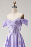 Off The Shoulder Beaded A Line Purple Corset Long Ball Dress with Slit