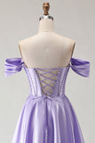 Off The Shoulder Beaded A Line Purple Corset Long Ball Dress with Slit