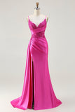 Fuchsia Mermaid Streamer Beaded Ruched Long Ball Dress with Slit
