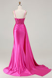 Fuchsia Mermaid Streamer Beaded Ruched Long Ball Dress with Slit