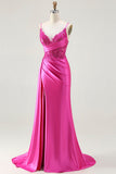 Fuchsia Mermaid Streamer Beaded Ruched Long Ball Dress with Slit