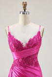 Fuchsia Mermaid Streamer Beaded Ruched Long Ball Dress with Slit