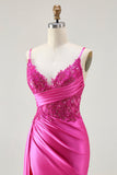 Fuchsia Mermaid Streamer Beaded Ruched Long Ball Dress with Slit